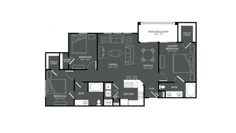 Floor plan for 3 beds, 2 baths, 1309 sqft